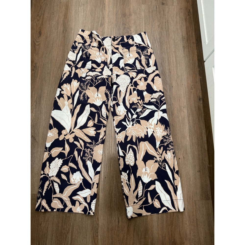 Anthropologie Maeve Jo Faulkner The Colette Floral Wide Leg Pants Navy Tan 32